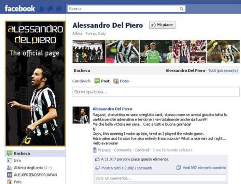 Alessandro Del Piero su Facebook