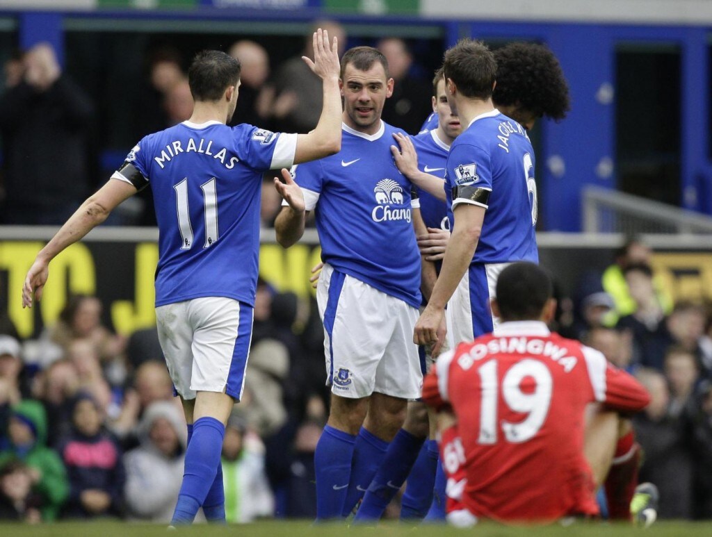 La gioia dei giocatori dell’Everton, dopo un gol al Goodison Park