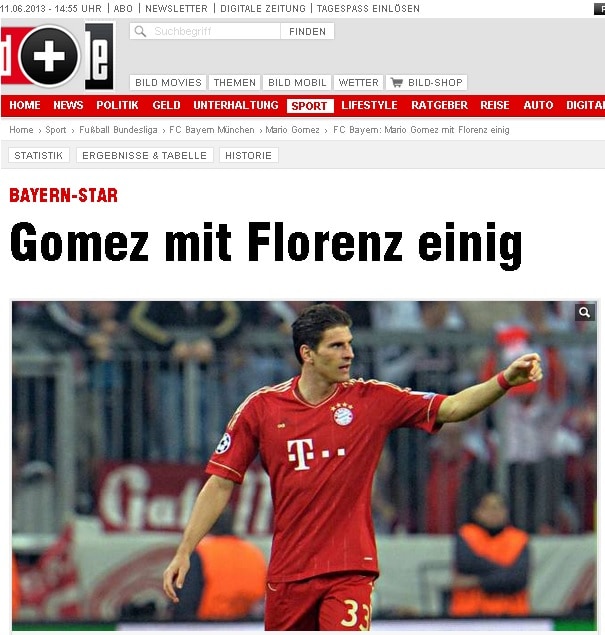 L'edizione online di Bild che annuncia &quot;Gomez trova l'accordo con la Fiorentina&quot;