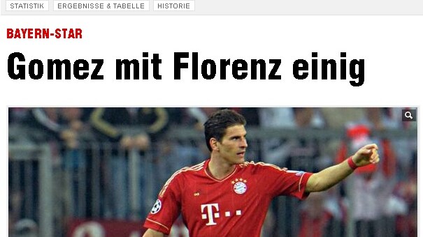 L'edizione online di Bild che annuncia "Gomez trova l'accordo con la Fiorentina"
