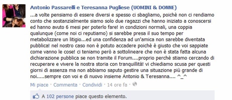 Antonio e Teresanna tornano insieme