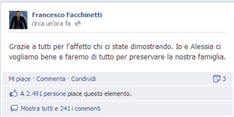 Francesco Facchinetti conferma la rottura con Alessia Marcuzzi su FB