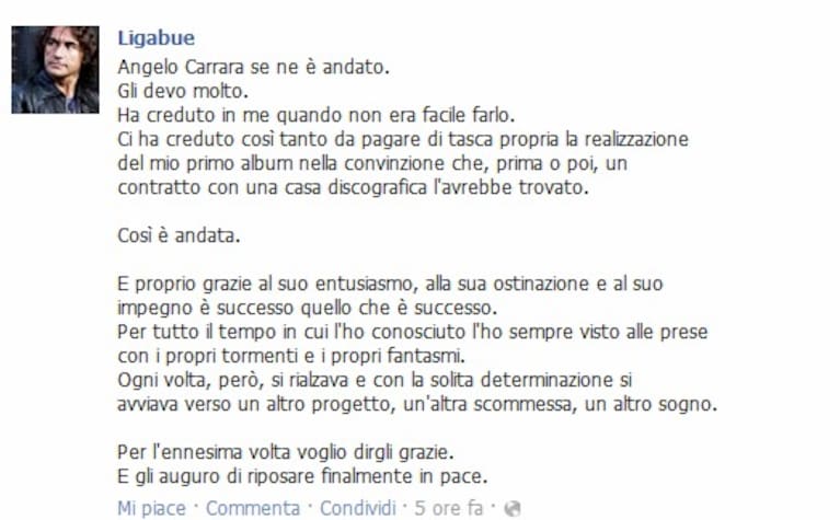 ligabue ricorda angelo carrara su fb