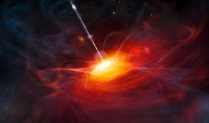 Un’immagine artistica elaborata dall’European Southern Observatory mostra un buco nero recentemente scoperto, della massa due miliardi di volte quella del Sole.