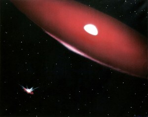 Illustrazione artistica di una stella Be con il suo disco di materiale espulso. Margherita Hack ha dato importanti contributi allo studio di queste stelle.