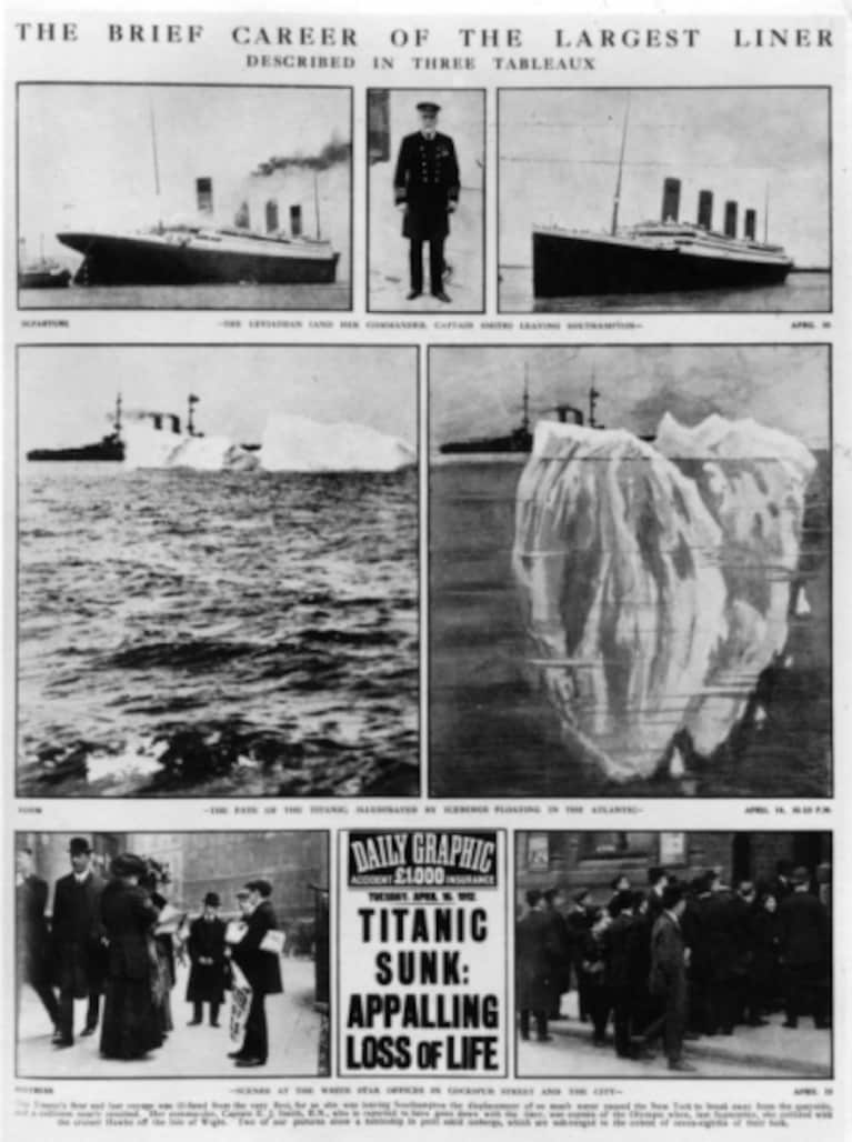 Un riassunto in poche tavole della drammatica storia del Titanic, in un giornale dell'epoca