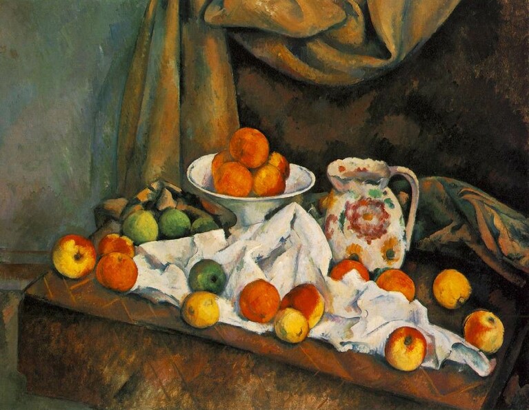 natura morta con frutta e brocca