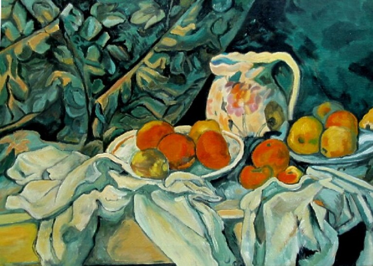 natura morte con mele e pesche