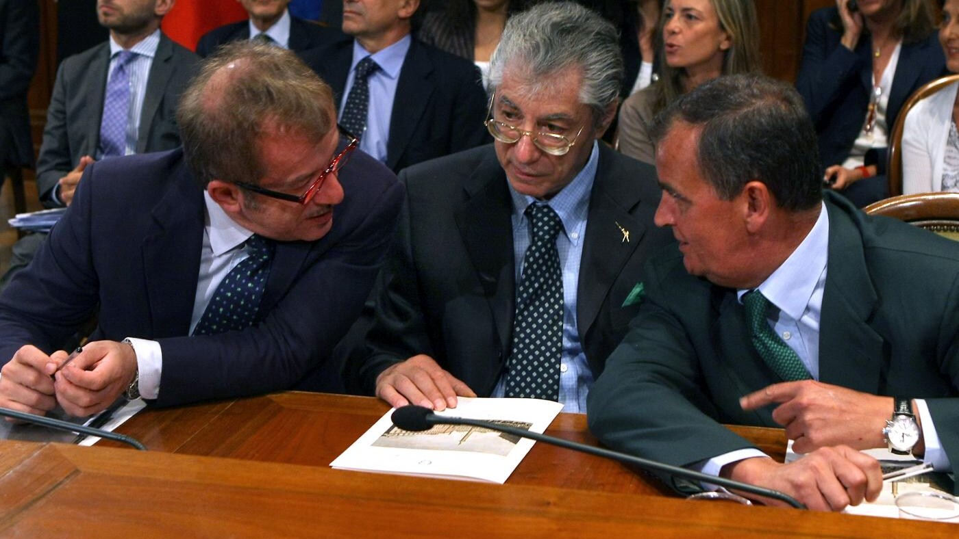 Roberto Maroni assieme a Umberto Bossi e Roberto Calderoli