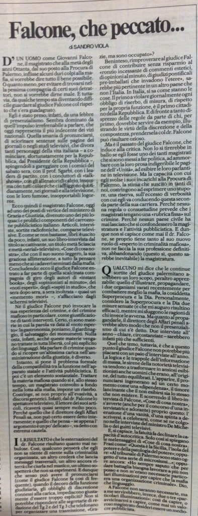 L’articolo del gennaio 1992 firmato da Sandro Viola su Repubblica contro Giovanni Falcone
