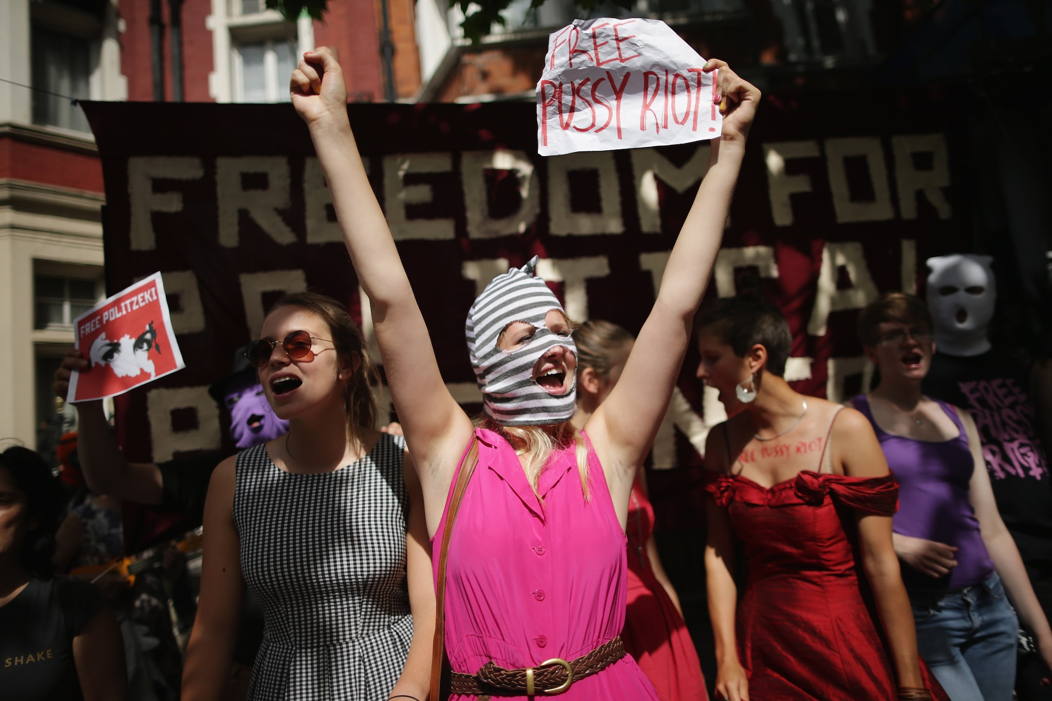 &quot;Free Pussy Riot&quot; Demonstrators Protest Outside The Russian Embassy In London