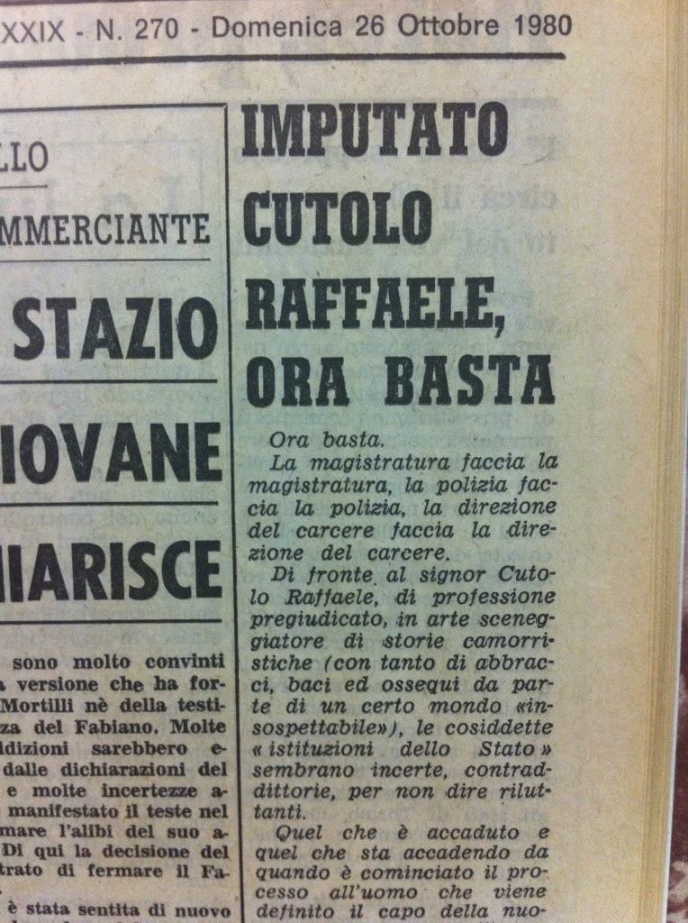 L’editoriale contro Cutolo firmato da Ciro Paglia su Il Mattino dell’ottobre 1980