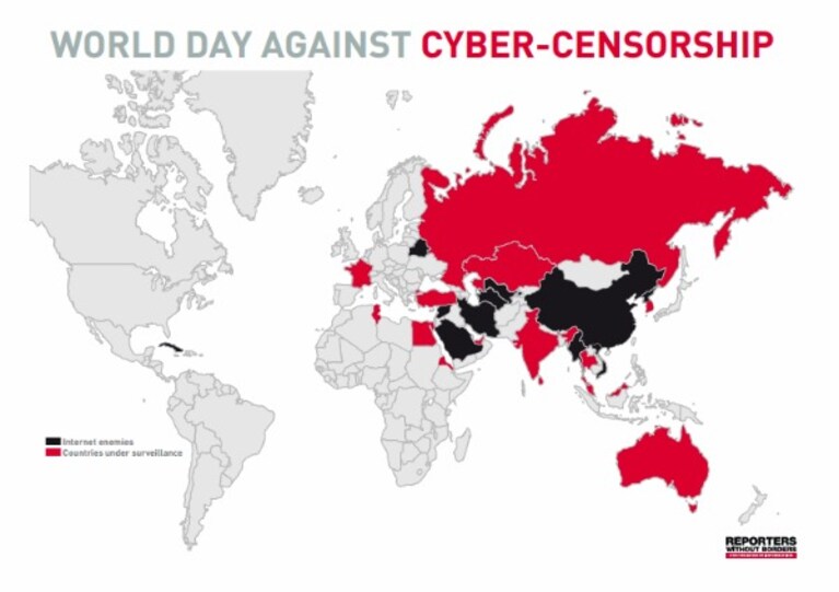 In occasione della Giornata mondiale contro la Cyber censura, Reporter senza Frontiere ha reso noto l elenco aggiornato agli ultimi dati dei Paesi ritenuti Nemici di internet e dei Paesi tenuti Sotto sorveglianza, in cui filtraggi alla rete, censura online e caccia ai dissidenti impediscono il libero accesso alle informazioni.