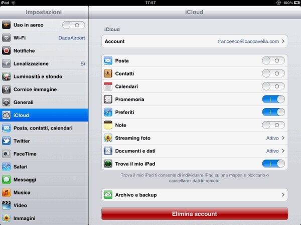 I servizi iCloud che è possibile configurare