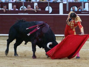 il torero di jerez juan josè padilla mentre combatte con il toro a Pamplona durante San fermin 2010
