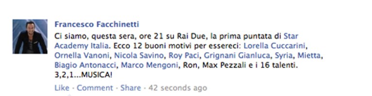francesco facchinetti lancia star academy su fb