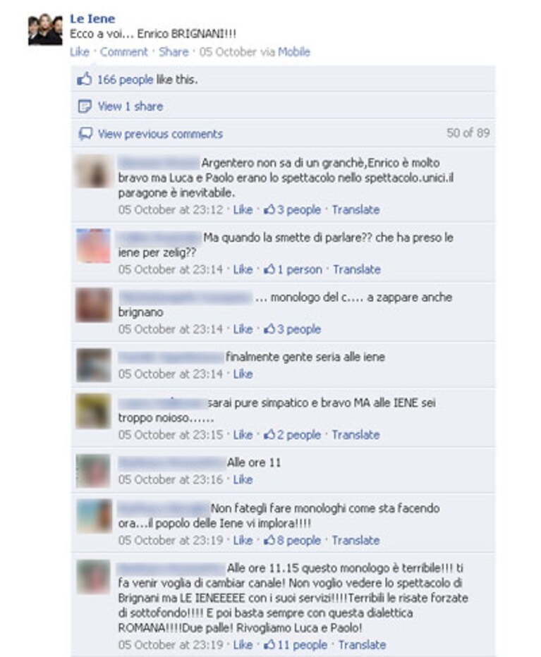 Commenti sui monologhi di Brignano pubblicati sulla pagina facebook durante la diretta della prima puntata