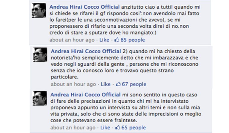 il commento di andrea sulla sua pagina Facebook