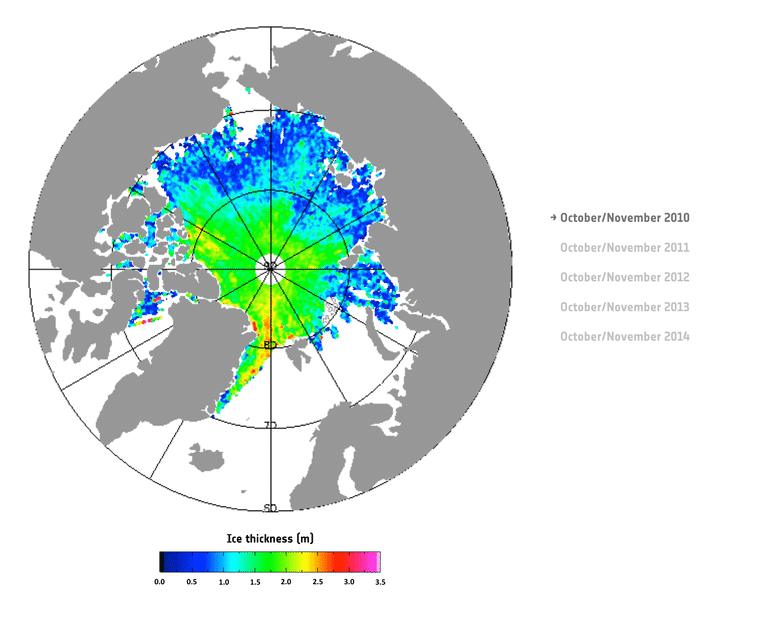 Arctic sea-ice thickness in October/November (when the Arctic starts its post-summer freeze-up) 2010–14 based on data from ESA’s CryoSat mission. In 2013, CryoSat measured about 10 900 cubic km of sea ice. 2014 has seen a decrease to 10 200 cubic km, but this still represents the second-highest volume since 2010. ESA/CPOM