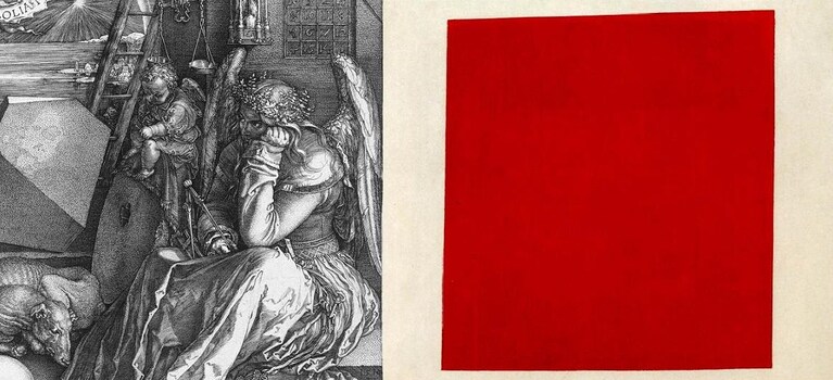 a sinistra Melancolia I, Dürer 1515; a destra Red Square, Malevich, 1915