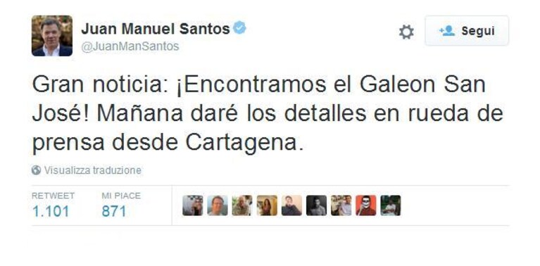 il tweet del presidente Juan Manuel Santos