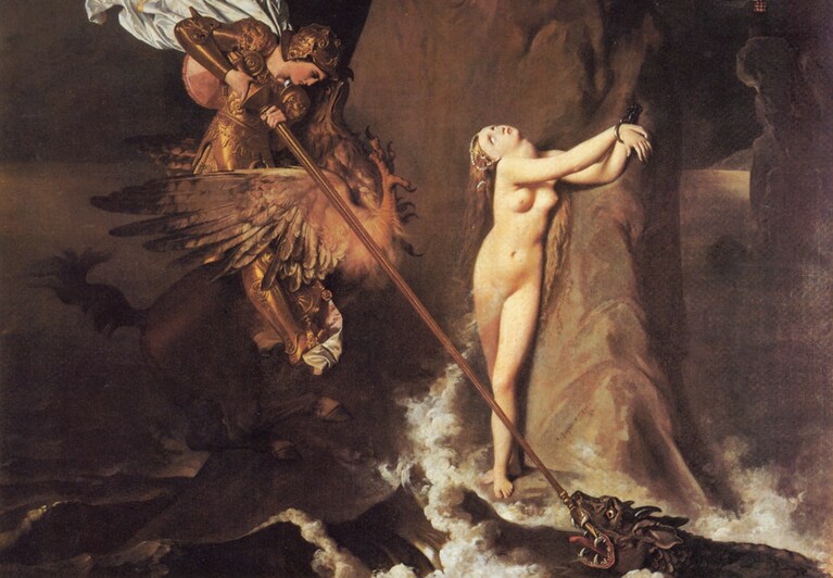 “Ruggiero cavalcando l'ippogrifo, salva Angelica dal mostro marino”, Jean Auguste Dominique Ingres, 1819, Parigi, Musée du Louvre.