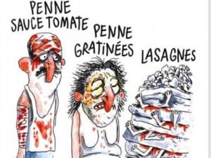 La Vignette sul terremoto in Italia pubblicata da Charlie Hebdo "Terremoto all'italiana: penne al sugo di pomodoro, penne gratinate, lasagne". L'ultima, ("lasagne"), presenta diverse persone sepolte da strati di pasta. ANSA+++ EDITORIAL USE ONLY NO SALES NO ARCHIVE+++