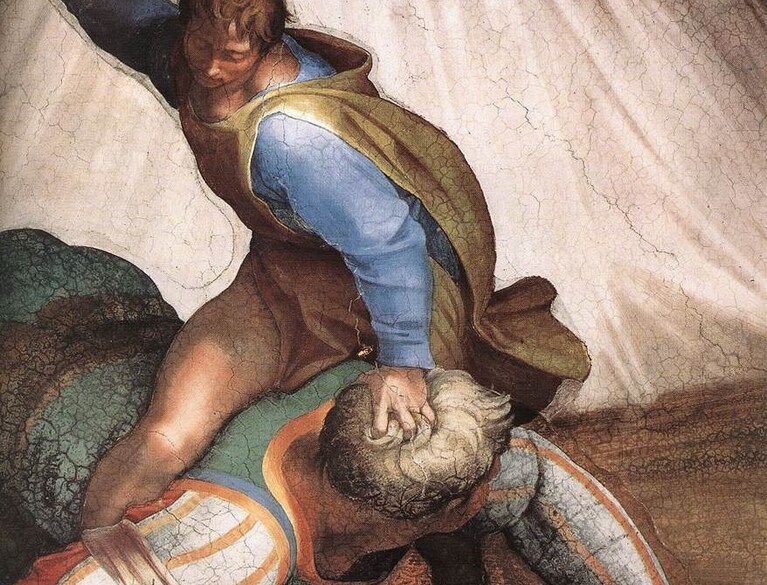 Davide e Golia (particolare dal Giudizio Universale), Michelangelo