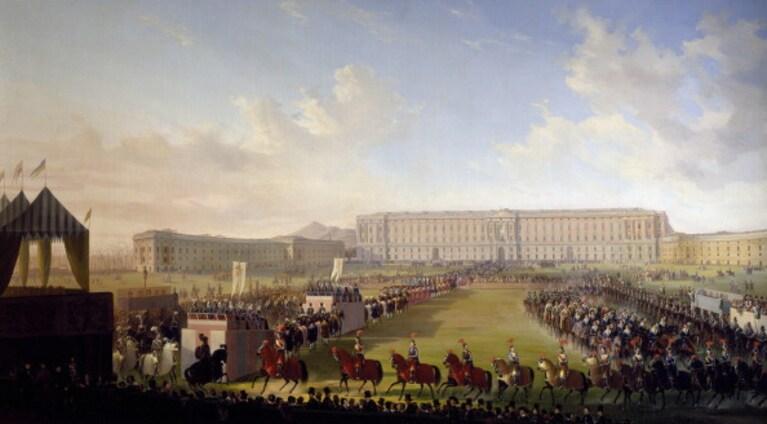"Torneo cavalleresco di fronte la Reggia di Caserta", di Salvatore Fergola (1847)