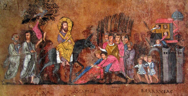 Foglio miniato raffigurante l'ingresso di Gesù a Gerusalemme