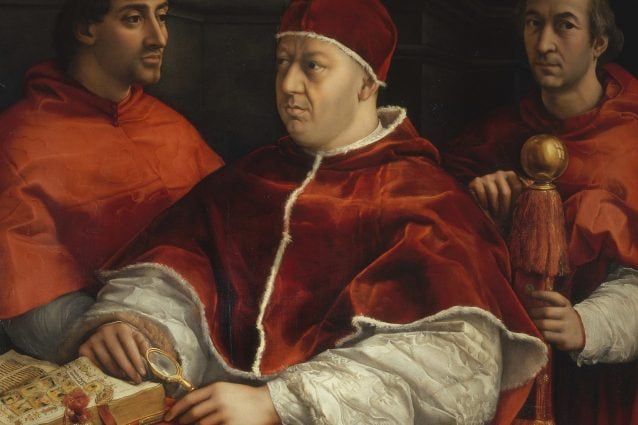 Raffaello Sanzio, "Ritratto di papa Leone X con i cardinali Giulio de’ Medici e Luigi de’ Rossi" (1517-1518), Firenze, Galleria degli Uffizi