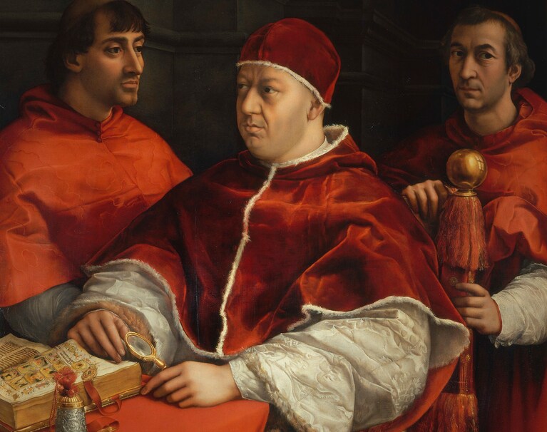 Raffaello Sanzio, "Ritratto di papa Leone X con i cardinali Giulio de’ Medici e Luigi de’ Rossi" (1517-1518), Firenze, Galleria degli Uffizi