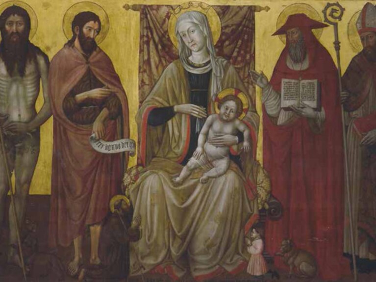Giovanni Antonio da Pesaro, “La Madonna con il bambino, e i santi Onofrio, Giovanni Battista, Gerolamo, un santo vescovo e Sant'Aiuto inginocchiato”