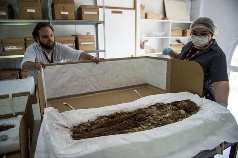 Una mummia Chinchorro durante il trasferimento al Museo Nazionale del Cile (dicembre 2016)