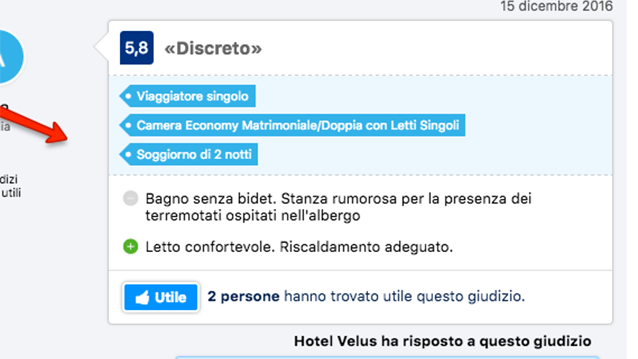 La recensione negativa della signora Anna Maria all'albergo Velus per la presenza di terremotati.