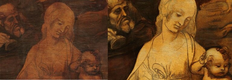 Dettagli dell'Adorazione dei Magi di Leonardo da Vinci, prima e dopo il restauro