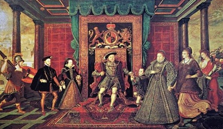 Dipinto del XVII secolo che raffigura l'intera famiglia Tudor.