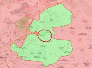 In verde l’area della Ghouta orientale controllata dai ribelli. Nel cerchio l’offensiva dell’esercito siriano per dividere in due la zona