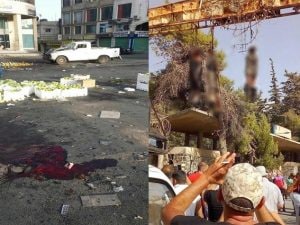 Il mercato ortofrutticolo luogo di uno degli attentati suicidi dell’Isis e a destra i tre terroristi impiccati davanti all’ospedale di Sweida