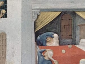 Il "Miracolo della dote" di San Nicola dipinto da Gentile da Fabriano (1425), Polittico Quaratesi, Galleria degli Uffizi, Firenze.