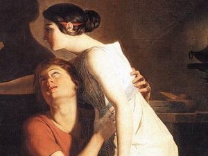 "L'invenzione del disegno" di Joseph-Benoît Suvée (1791): il quadro, conservato al Groeningemuseum di Bruges, è ispirato al mito greco di Corinzia, la donna che inventò la pittura.