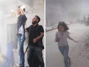 A sinistra il dolore di un padre. A destra una bimba fugge dopo il bombardamento a Maarrat al–Numan, nella provincia di Idlib (Majd Khalaf)