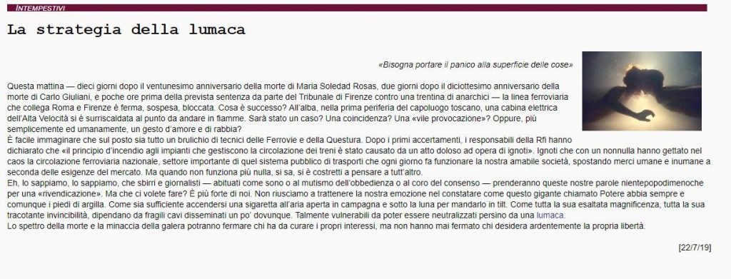 Il comunicato apparso sul sito Finimondo.org