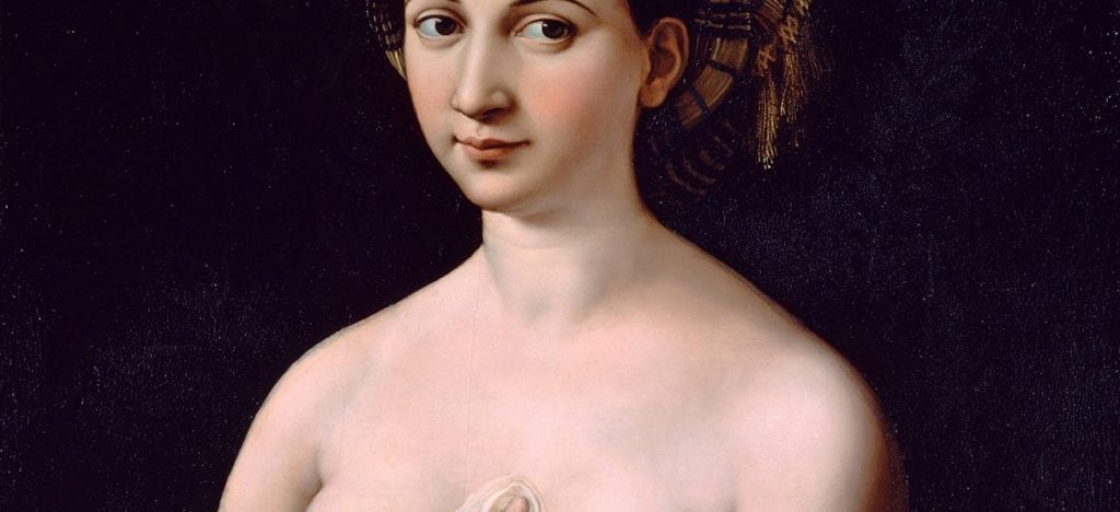 Particolare del dipinto "La Fornarina" (1519), conservato presso la Galleria Nazionale d'Arte Antica di Roma.