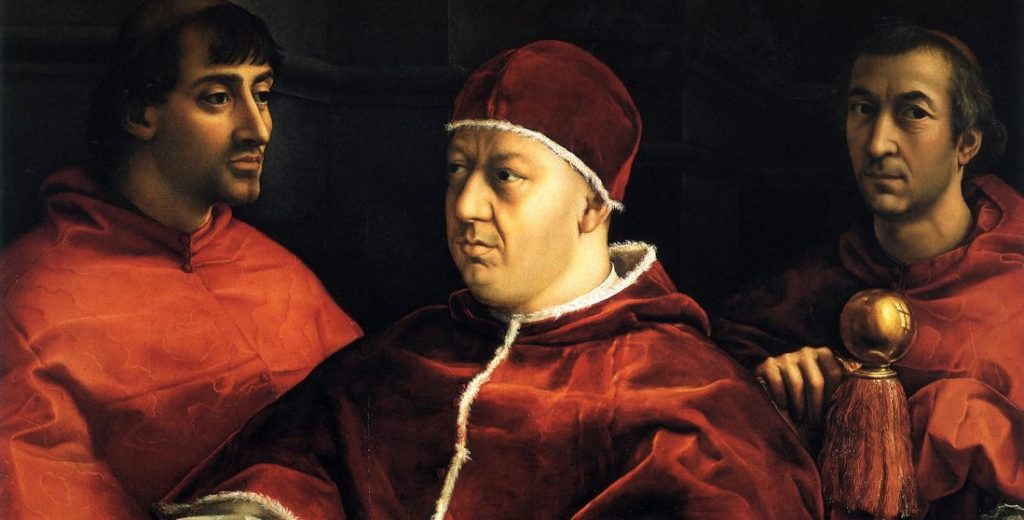 Raffaello, "Leone X tra i cardinali Giulio de' Medici e Luigi de' Rossi" (1518), Galleria degli Uffizi, Firenze.