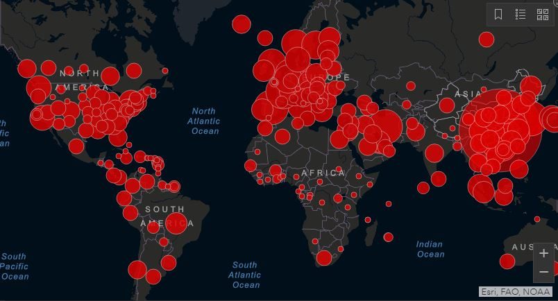 La diffusione del virus SARS–CoV–2 ha raggiunto tutto il mondo (John Hopkins University)