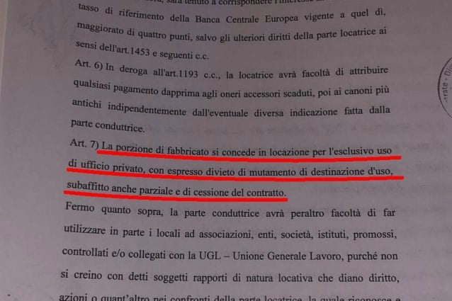 Il contratto di affitto siglato dall’Ugl per il primo piano di via delle Botteghe Oscure, dove dal 2018 ha avuto sede la Bestia di Salvini