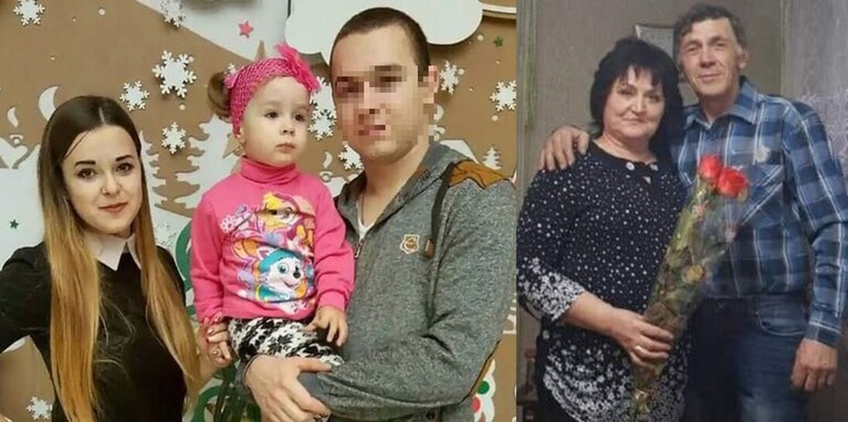 Da sinistra verso destra: Irina, 27 anni, la figlia Sofia, 6 anni, in braccio al padre Oleg, 30 anni e unico superstite, quindi i genitori dell'uomo: Anna e Oleg, 56 anni.
