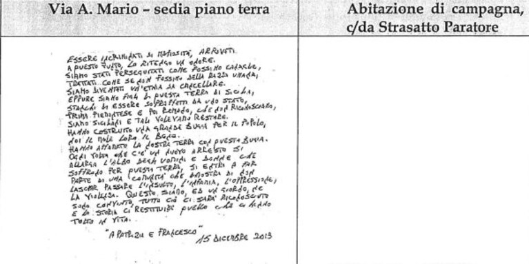 Il pizzino con il manifesto di Cosa Nostra scritto da Matteo Messina Denaro.