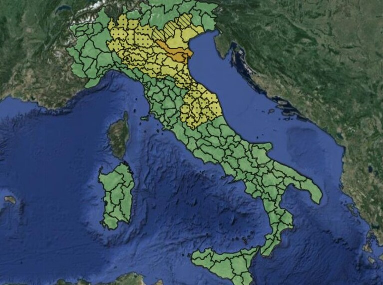 La mappa delle allerte meteo di lunedì 20 maggio.